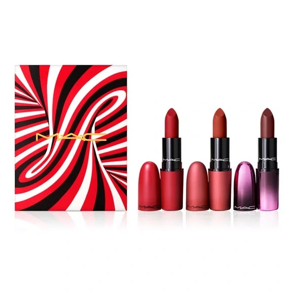 Mac Cosmetics Lipstick Set Trio FULL SZ Ruby Woo Bated Breath Devoted to Chili